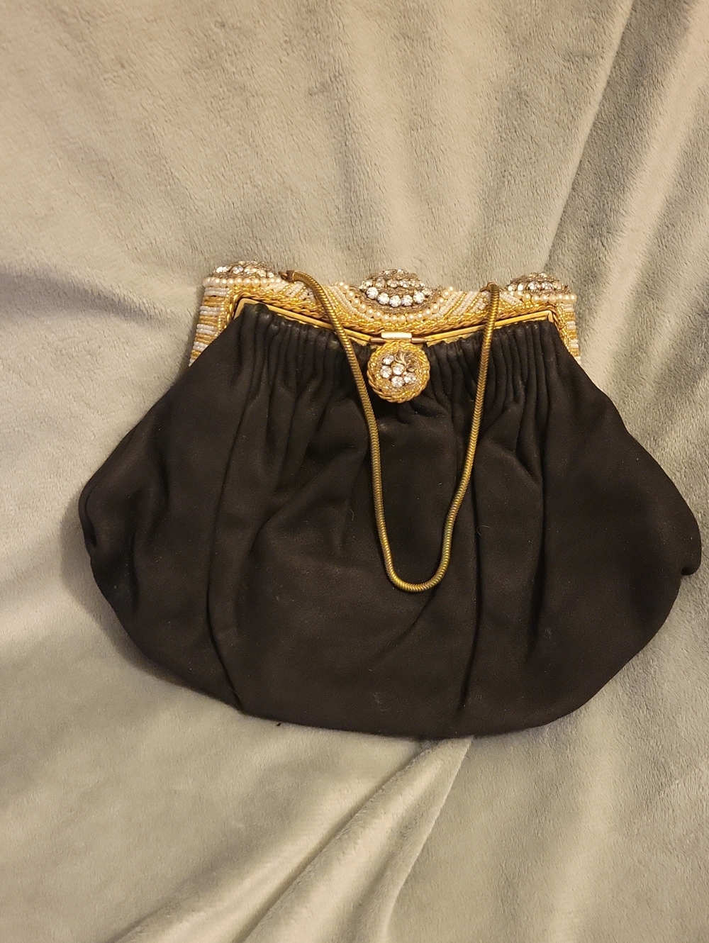 Handmade Black Evening Clutch with Gold and Crystal Accents